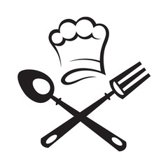 black illustration of spoon, fork and chef hat