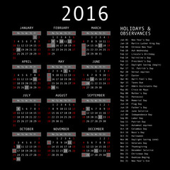 Vector calendar grid for 2016. Rigorous design.