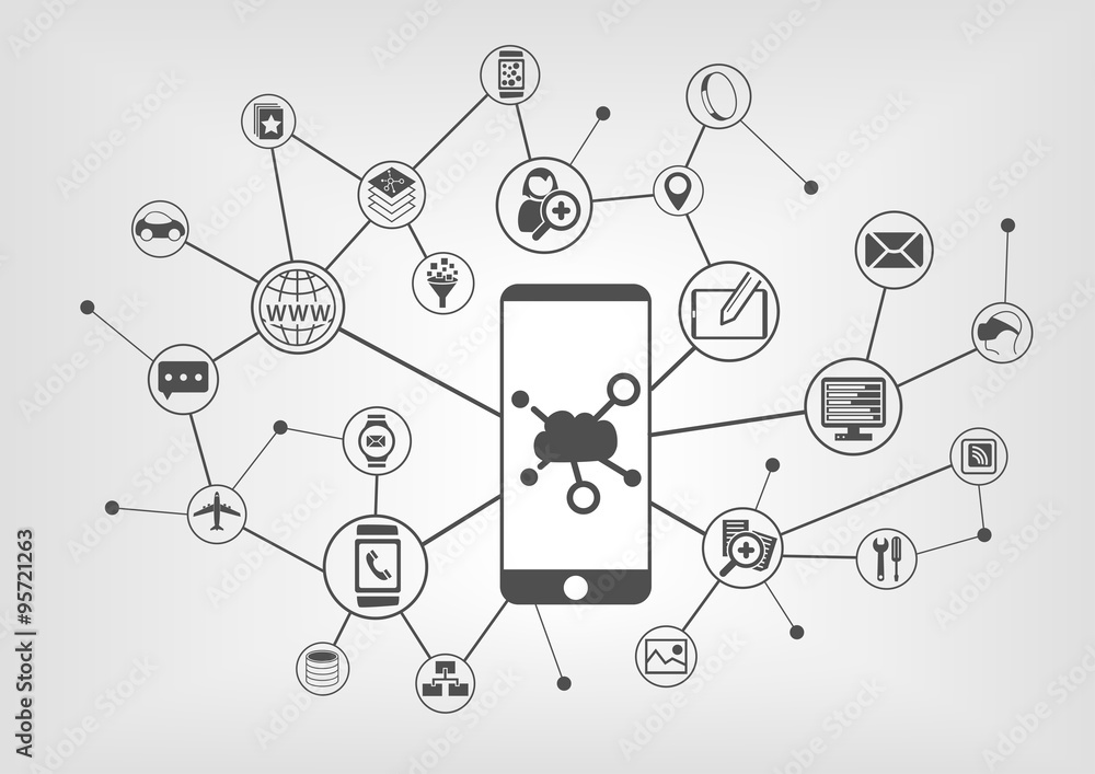 Fototapete cloud computing concept for connected mobile devices. vector icons on grey background
