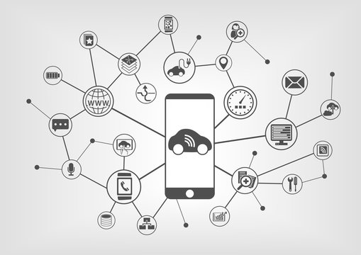 Digital Mobility Concept With Connected Devices Such As Car, Smart Phone. Vector Icons On Grey Background