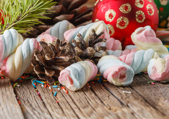 Christmas theme. Pine and red ball on wooden table