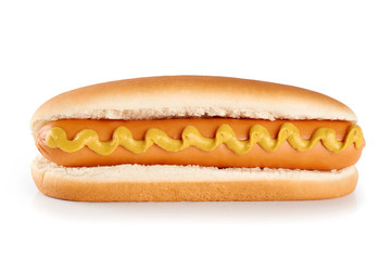 Hot dog with mustard isolated on white background.
