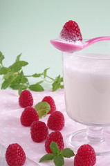Milch und Himbeeren