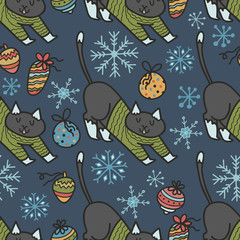Adorable Christmas cats in warm sweaters. Seamless vector patterns. Hand drawn characters, decorations and snowflakes.