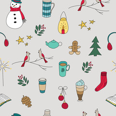 Winter doodles hand drawn seamless pattern