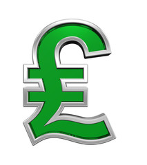 Pound sign from green glass with chrome frame alphabet set, isolated on white. Computer generated 3D photo rendering.