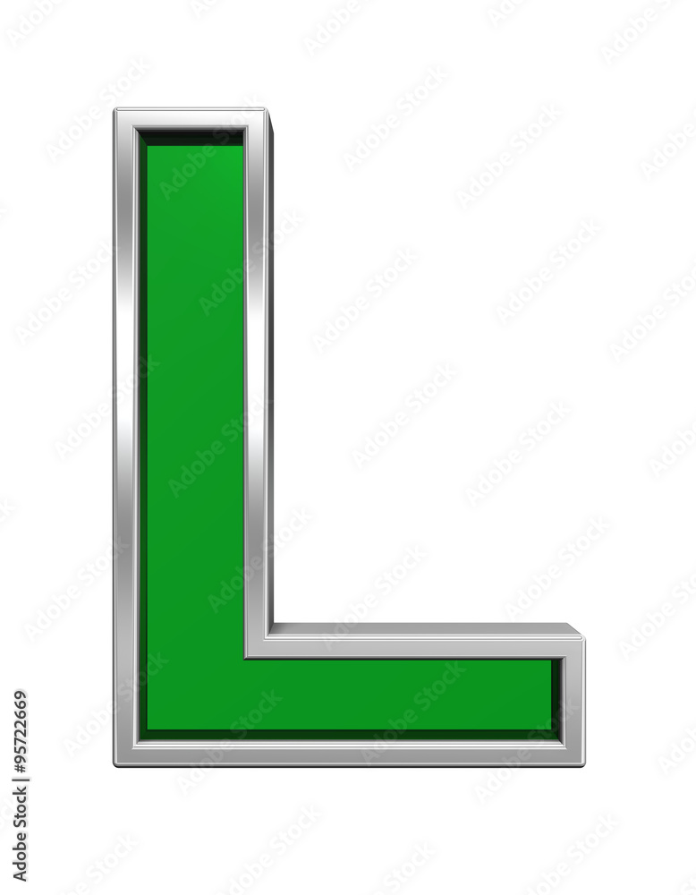 Fototapete one letter from green glass with chrome frame alphabet set, isolated on white. computer generated 3d