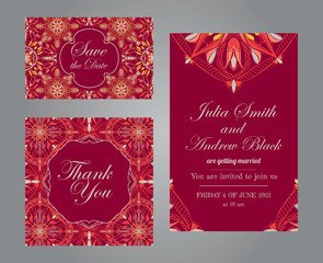 Wedding set in vintage ornamental style. Invitation; save the date card; thank you card