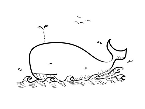 Whale Doodle, a hand drawn vector doodle illustration of a whale swimming in the ocean.