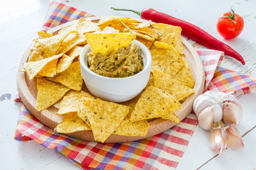 Guacamole sauce, nachos and ingredients