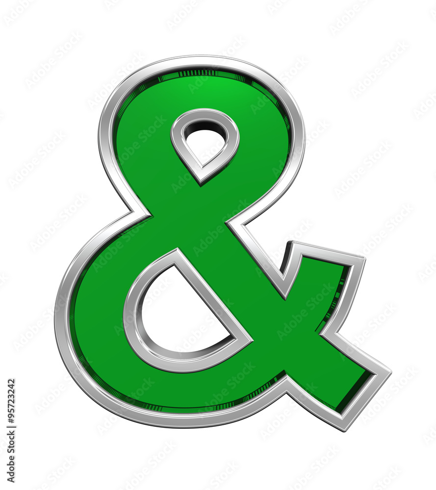 Fototapete and sign from green glass with chrome frame alphabet set, isolated on white. computer generated 3d p