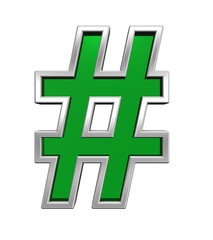 Fototapeta premium Number mark sign from green glass with chrome frame alphabet set, isolated on white. Computer generated 3D photo rendering.