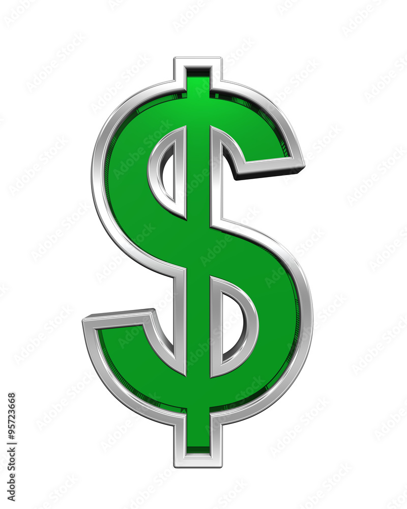 Fototapete dollar sign from green glass with chrome frame alphabet set, isolated on white. computer generated 3