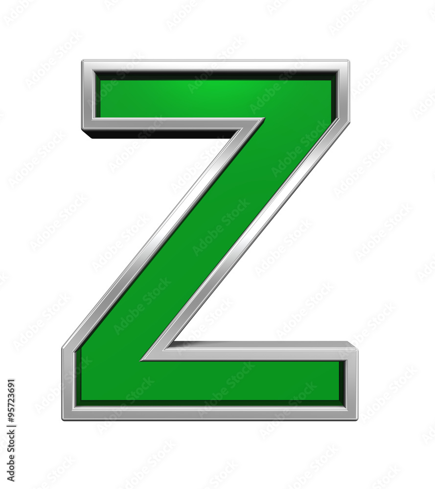 Fototapete one letter from green glass with chrome frame alphabet set, isolated on white. computer generated 3d