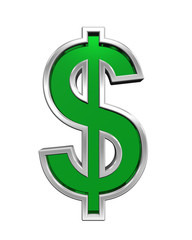 Dollar sign from green glass with chrome frame alphabet set, isolated on white. Computer generated 3D photo rendering.