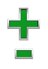 Fototapeta premium Hyphen, minus, plus marks from green glass with chrome frame alphabet set, isolated on white. Computer generated 3D photo rendering.