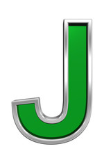 One letter from green glass with chrome frame alphabet set, isolated on white. Computer generated 3D photo rendering.