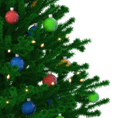 Christmas tree decoration with balls and light bulbs on a white background