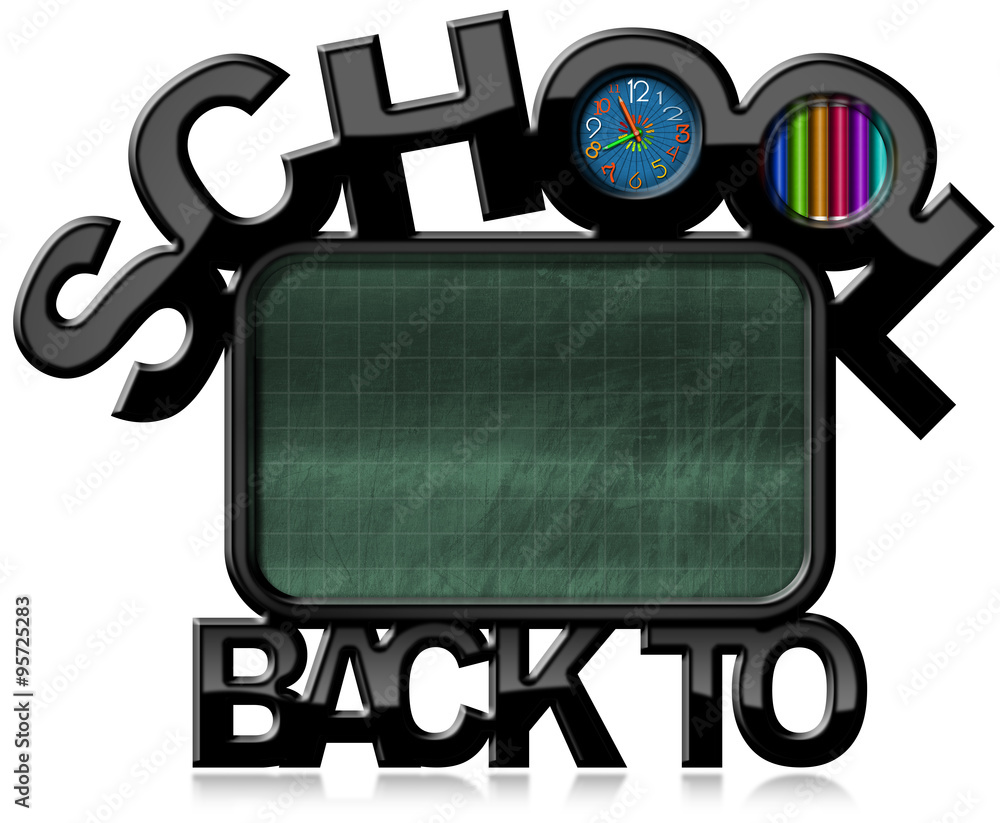 Aufkleber back to school - green blackboard with clock / empty green blackboard with black frame in the shape 