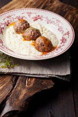 Meatballs, duck meat, with apple sauce and mashed celery, potato