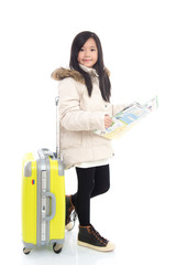 Beautiful asian girl in winter coat holding passport