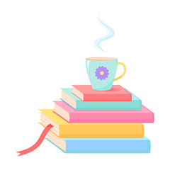 stack of books with a cup
