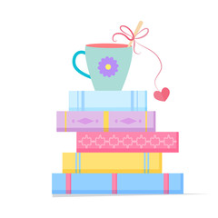 stack of books with a cup