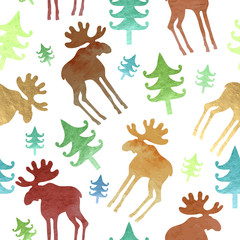 Seamless background with silhouettes of elk and fir-tree.