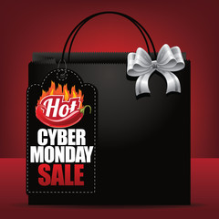 Hot Cyber Monday sale tag and shopping bag background. EPS 10 Vector with space for your copy.