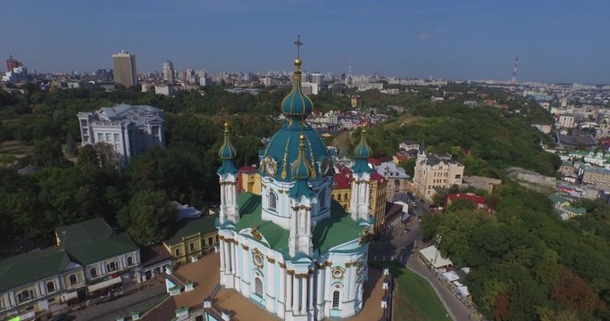 The Saint Andrew's Church is a major Baroque church located in Kyiv, Ukraine. The church was constructed in 1747–1754 (Aerial,4K)