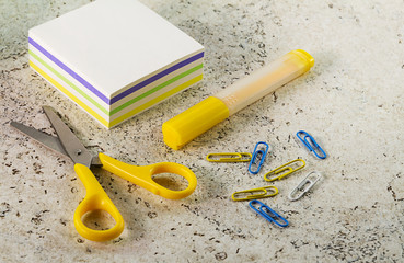 scissors, paperclips, highlighter