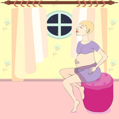 Illustration, beautiful calm pregnant woman sitting on pufe in pajamas at home at night, waiting. Vector