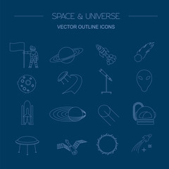 Space, universe graphic design. Linear icon set