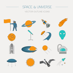 Space, universe graphic design. Linear icon set