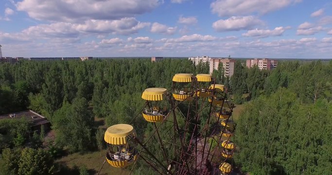 A Ferris wheel in Pripyat, near Chernobyl. Pripyat&rsquo;s iconic Ferris wheel in Amusement Park. Ukraine. Aerial view.