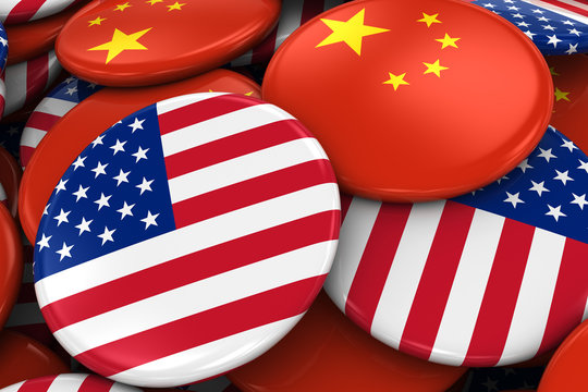 Flag Badges of America and China in Pile - Concept image for US and Chinese Relations