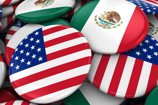 Flag Badges of America and Mexico in Pile - Concept image for US and Mexican Relations