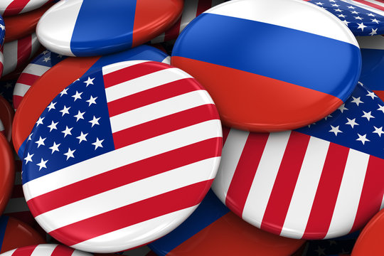 Flag Badges of America and Russia in Pile - Concept image for US and Russian Relations