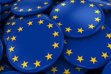Pile of European Union Flag Badges - Flag of Europe Buttons piled on top of each other