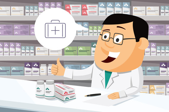 Pharmacist chemist man in pharmacy. Sale of vitamins and medications. Funny cartoon vector simple illustration.