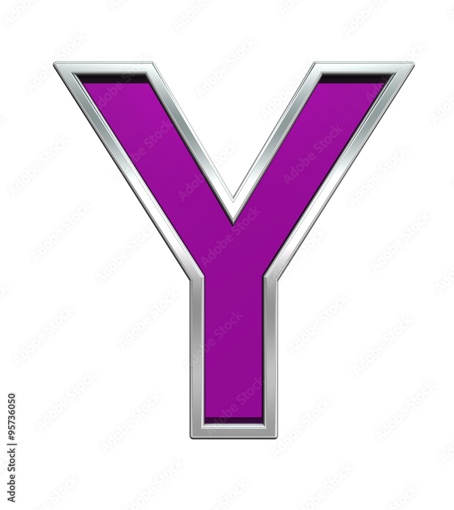 Fototapete one letter from purple glass with chrome frame alphabet set, isolated on white. computer generated 3
