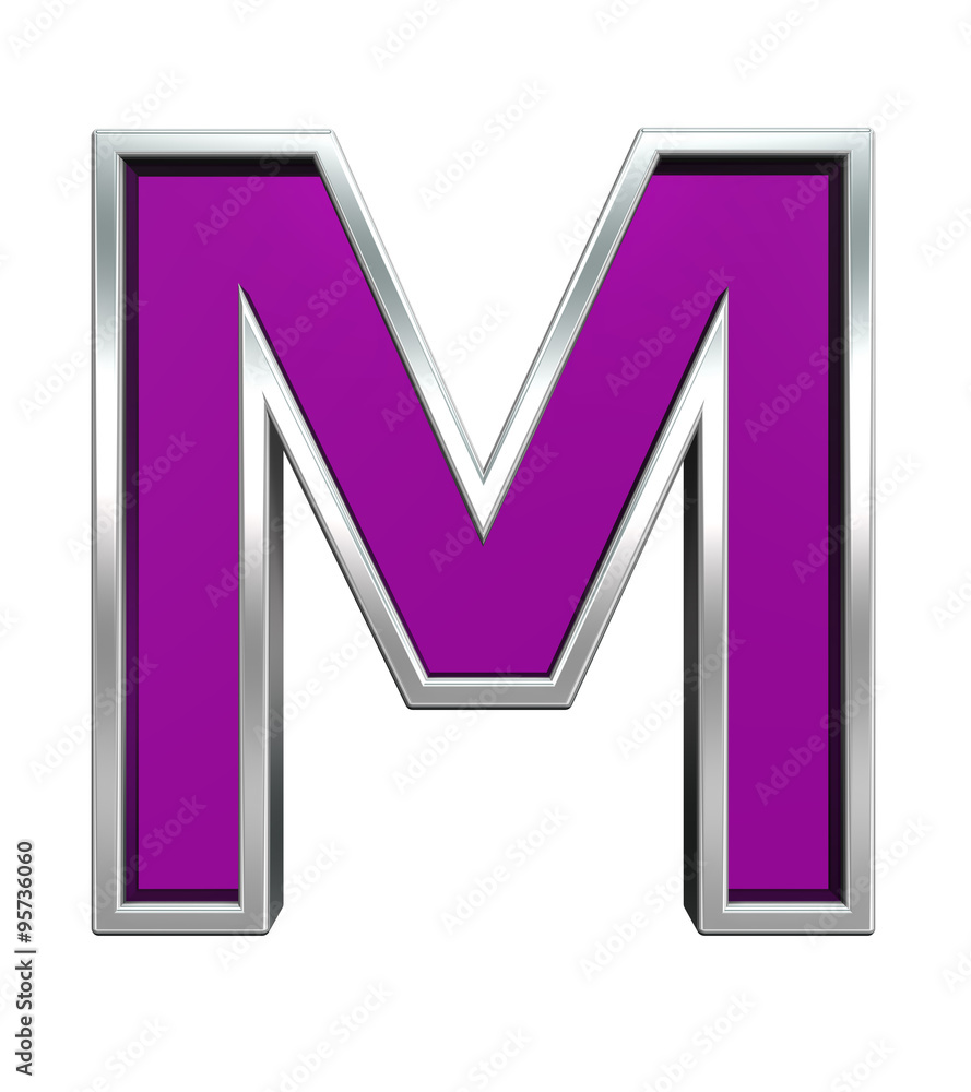 Fototapete one letter from purple glass with chrome frame alphabet set, isolated on white. computer generated 3