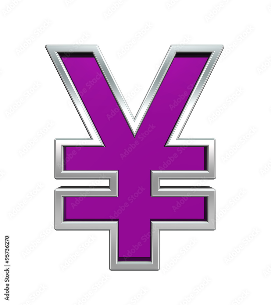 Fototapete yen sign from purple glass with chrome frame alphabet set, isolated on white. computer generated 3d 