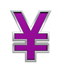 Obraz premium Yen sign from purple glass with chrome frame alphabet set, isolated on white. Computer generated 3D photo rendering.