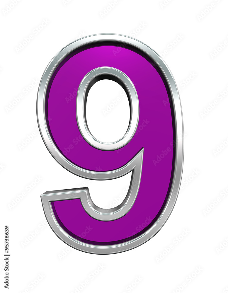 Fototapete one digit from purple glass with chrome frame alphabet set, isolated on white. computer generated 3d