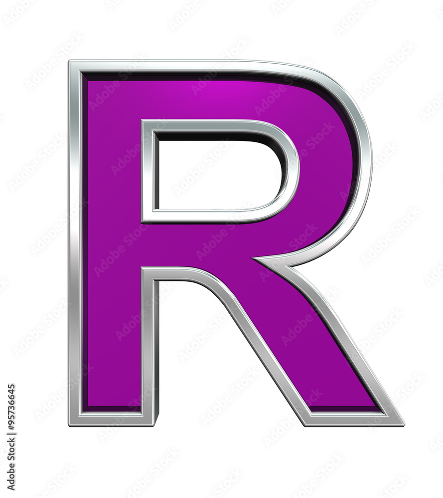 Fototapete one letter from purple glass with chrome frame alphabet set, isolated on white. computer generated 3