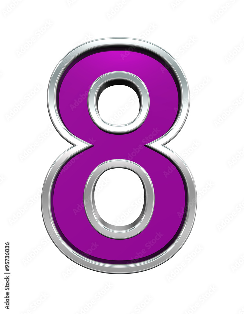 Fototapete one digit from purple glass with chrome frame alphabet set, isolated on white. computer generated 3d