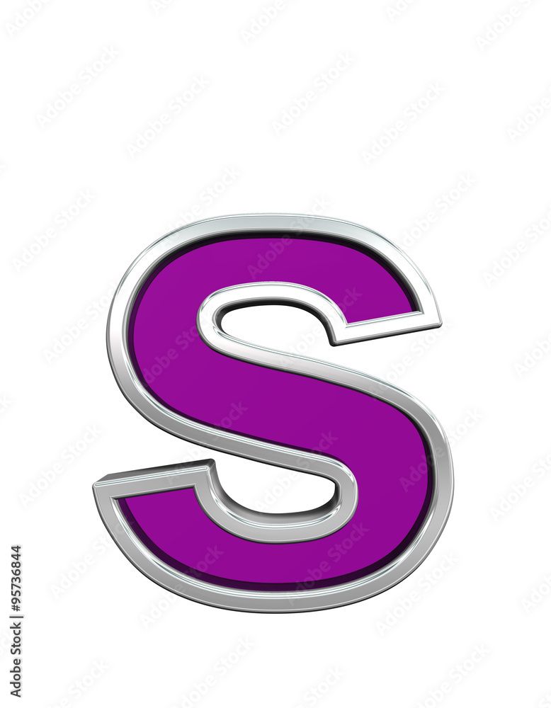 Fototapete one lower case letter from purple glass with chrome frame alphabet set, isolated on white. computer 