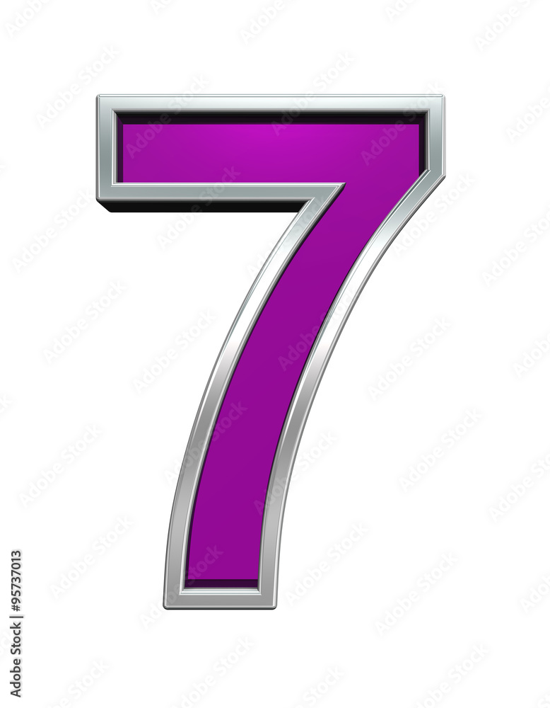 Fototapete one digit from purple glass with chrome frame alphabet set, isolated on white. computer generated 3d