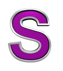 One letter from purple glass with chrome frame alphabet set, isolated on white. Computer generated 3D photo rendering.